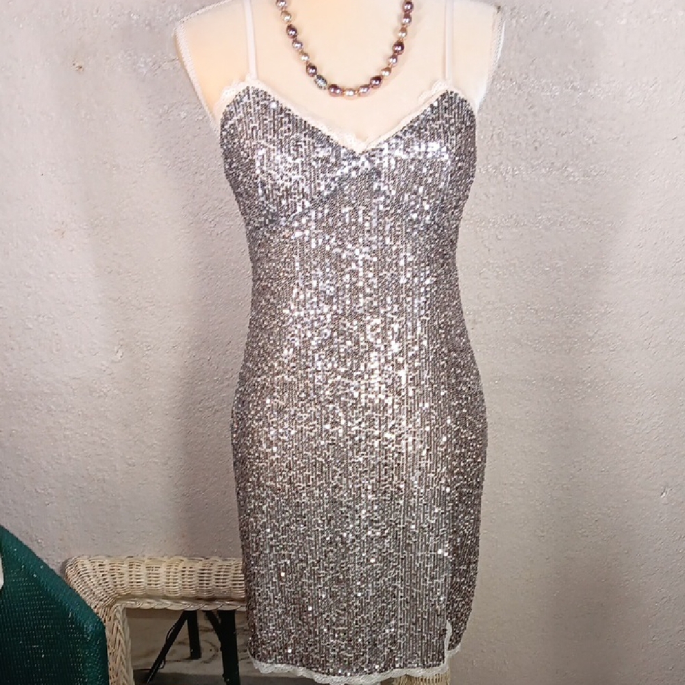 Wild Fable Champagne Gold Silver Sequin Mini Dress Size M Cami Straps